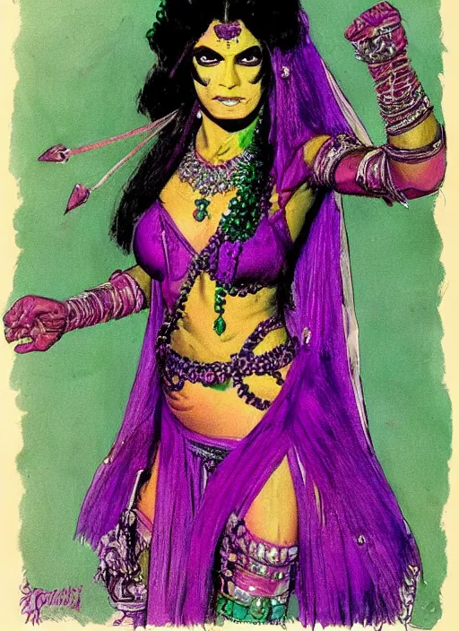 Image similar to portrait of muscular indian vampiress, jeweled veil, purple and green, strong line, saturated color, beautiful! coherent! by frank frazetta, high contrast, minimalism