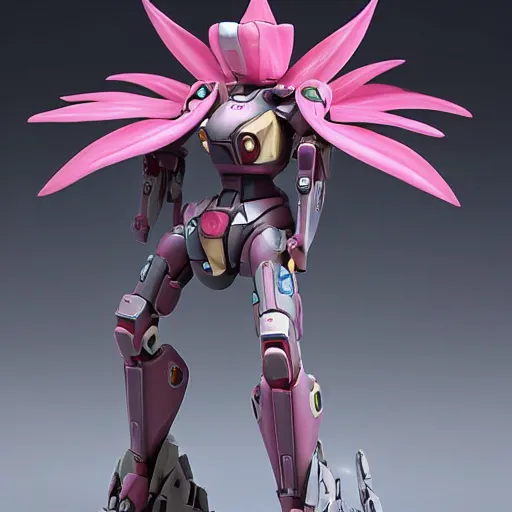 Image similar to futuristic nymphaea themed mecha waterlily upper body, flower sepals forming helmet, evangelion, nymphaea, 8 k hd resolution, barbatos gundam with floral inlay, bandai box art, star wars, makoto kobayashi, frank gehry, beeple, metal shaded