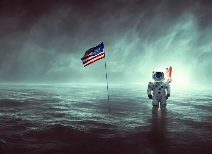 Image similar to astronaut holding a flag in an underwater desert. a submarine is visible in the distance. dark, concept art, cinematic, dramatic, atmospheric, 8 k, trending on artstation, blue, fish, low visibility, fog, ocean floor, christopher nolan, interstellar