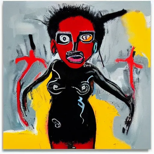 Image similar to A pretty attractive black woman with devil horns wearing a silver mini dress standing on the ocean, ,full body, pitchfork, creative background, abstract jean-Michel Basquiat oil painting with thick paint strokes, oil on canvas, intricately!!! detailed!!!