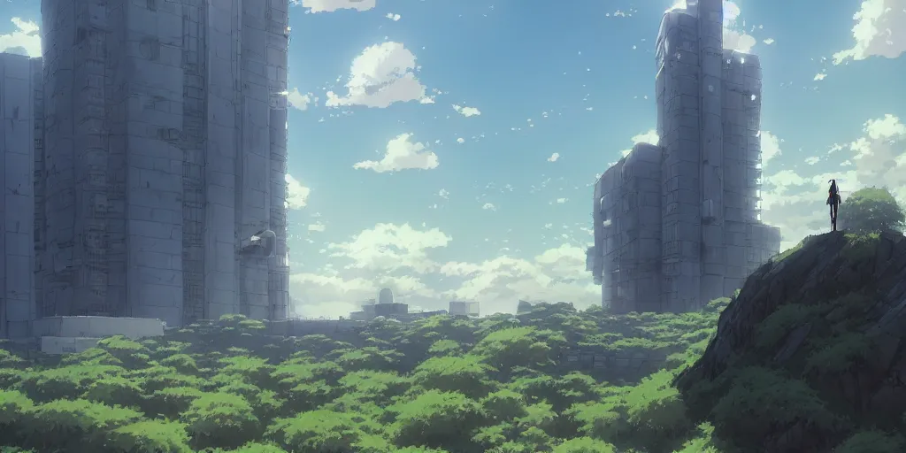 Image similar to realistic building, monster, wide landscape, eva, war, art by makoto shinkai