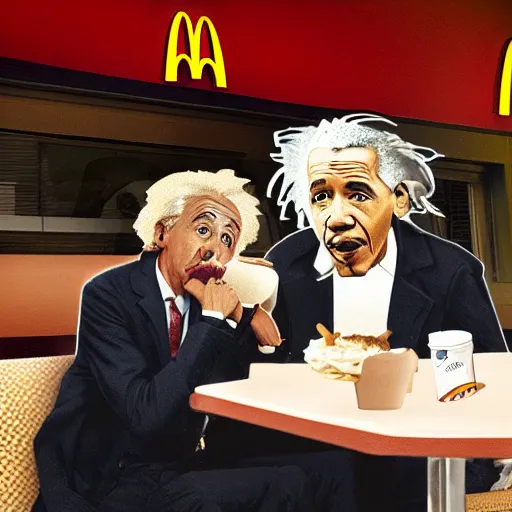 Image similar to Einstein and Obama taking a shit on table at McDonalds, ultra detailed, photorealistic, dramatic lighting