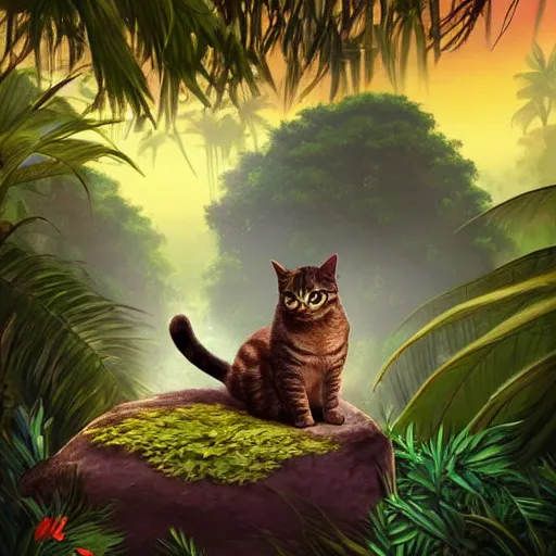 Prompt: a cat seated on a rock in a jungle!, mist, tropical trees, vines, birds, sunset!, fluffy clouds, warm colors, beautiful lighting, digital art, intricate details, trending on artstation