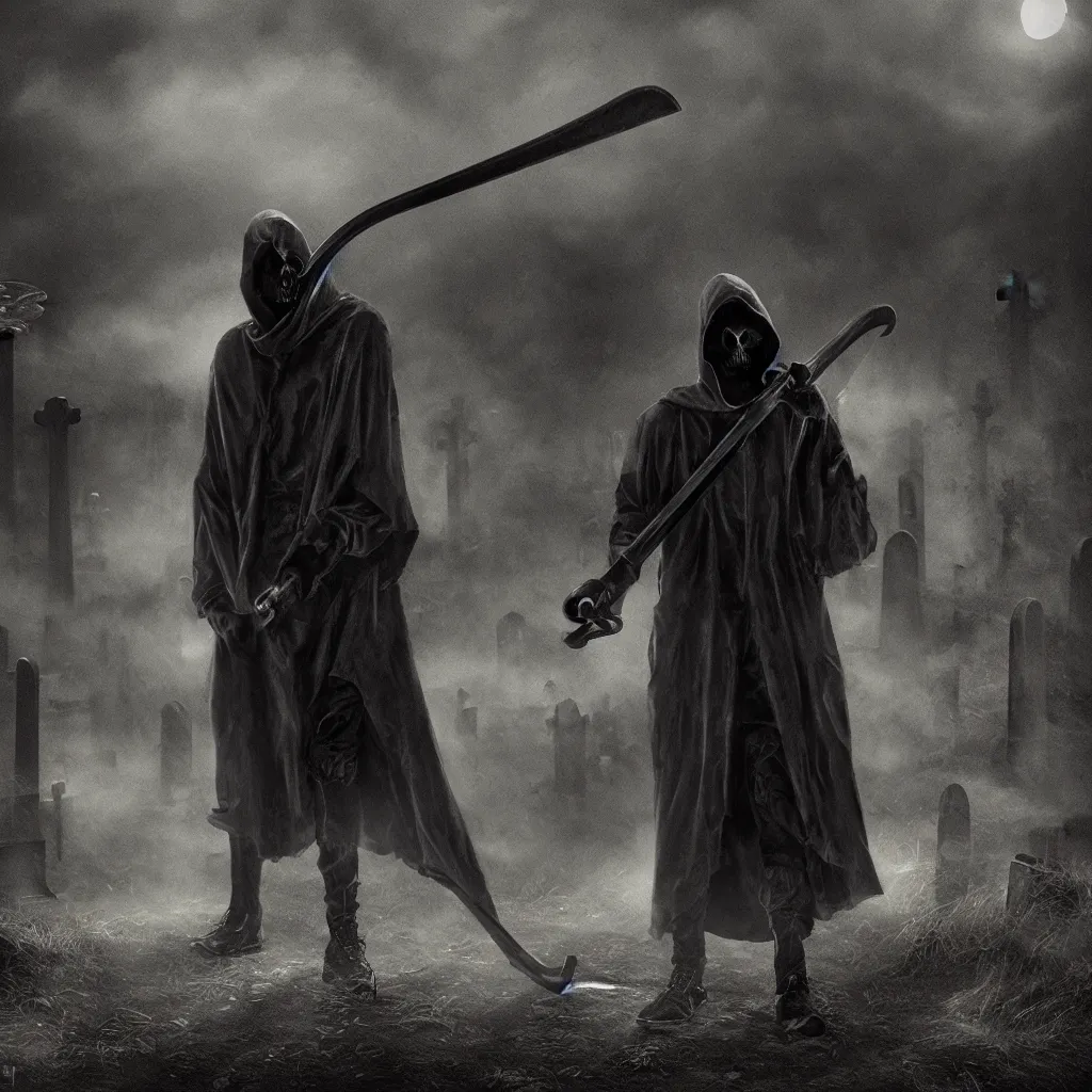 Prompt: death in a hood with a scythe in a cemetery, central composition, dark and mysterious, atmospheric, cinematic, 4k, ultra detail, ultra realistic