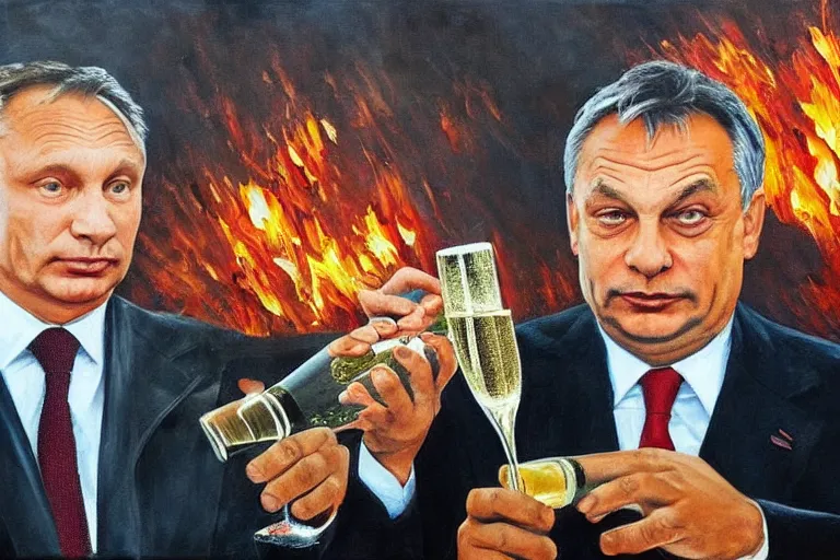 Image similar to viktor orban drinking champagne with putin in front a burning city, highly detailed eyes, oil painting