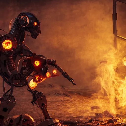 Image similar to toaster oven terminator robot, dark messy smoke - filled cluttered workshop, dark, dramatic lighting, orange tint, sparks, plasma charge, cinematic, highly detailed, sci - fi, futuristic, movie still