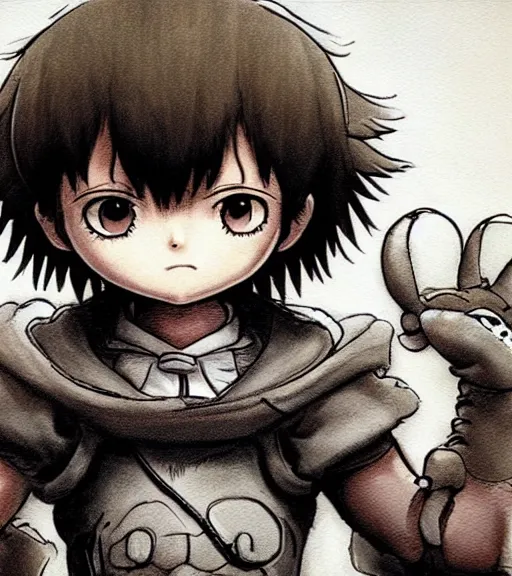 Prompt: attractive little boy wearing an cyborg bear suit, artwork in kentaro miura and made in abyss, inspired in astroboy smooth, beautiful lightness, anatomically correct, trending on pixiv, fascist composition, realistic