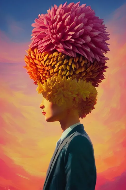 Image similar to closeup giant dahlia flower head, frontal, girl in a suit, standing in street, surreal photography, sunrise, dramatic light, impressionist painting, digital painting, artstation, simon stalenhag