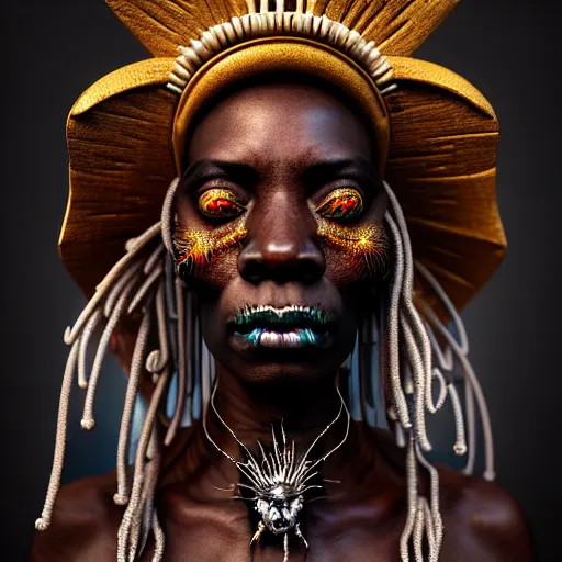 Image similar to a beautiful surreal illustration of haiti voodoo shaman, highly detailed, liquid oilpaint, doug chiang, gustave dore, leonardo da vinci, trending on artstation, industry, lucid and intricate, rectilinear, digital art, octane, redshift, vray, 8 k, 6 4 megapixels, zbrush central, behance hd, hypermaximalist, well rendered