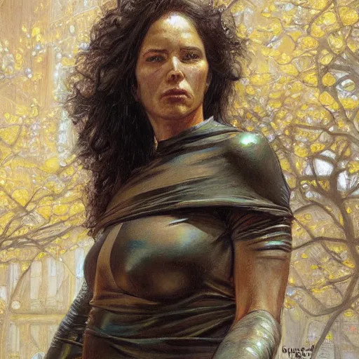 Image similar to frontal portrait of a bulky female survivor in a city, by donato giancola.