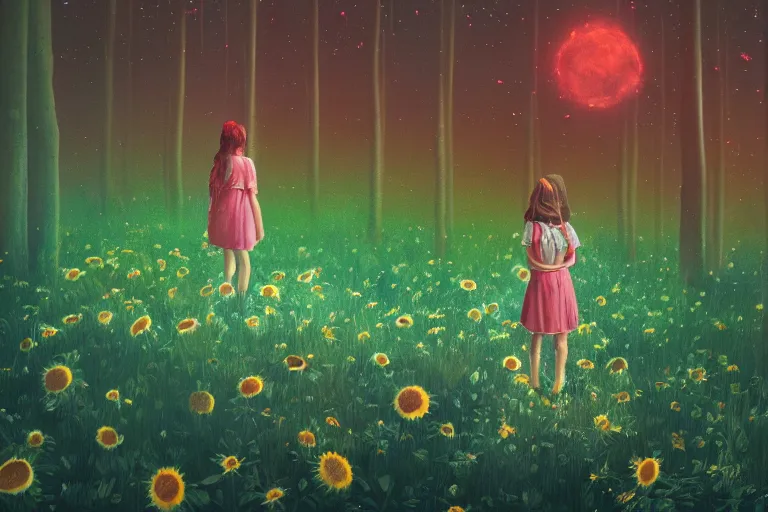 Image similar to giant daisy flower head, girl standing in forest, surreal photography, dark night, stars, moon light, impressionist painting, clouds, digital painting, artstation, simon stalenhag