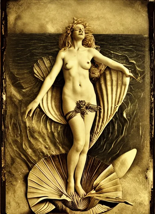 Prompt: old wetplate birth of venus, fractal, intricate, elegant, highly detailed, parallax, leica, medium format, subsurface scattering, by jheronimus bosch and greg rutkowski and richard avedon