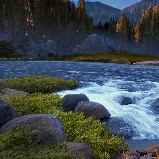 Prompt: « mountain in the background, a river in the middle ground, trees, a bear near a tree, glowing light, photorealistic, unreal engine 5, sharp focus, some rocks in the river, some birds in the sky, far »