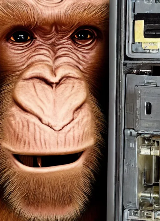 Image similar to uncanny hybrid human - ape, half human half ape inside fuse box in post communist apartment building