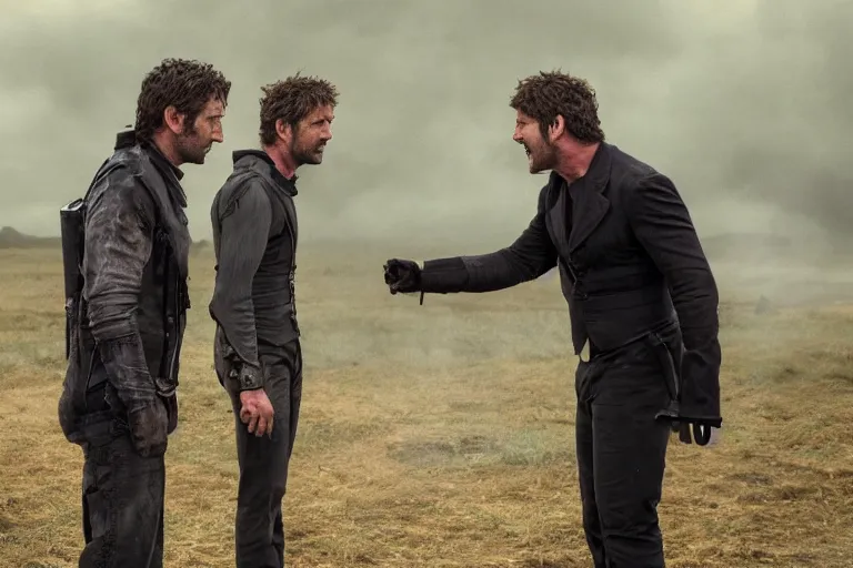 Prompt: Still of Gerard Butler and Russel Crow pointing at each other