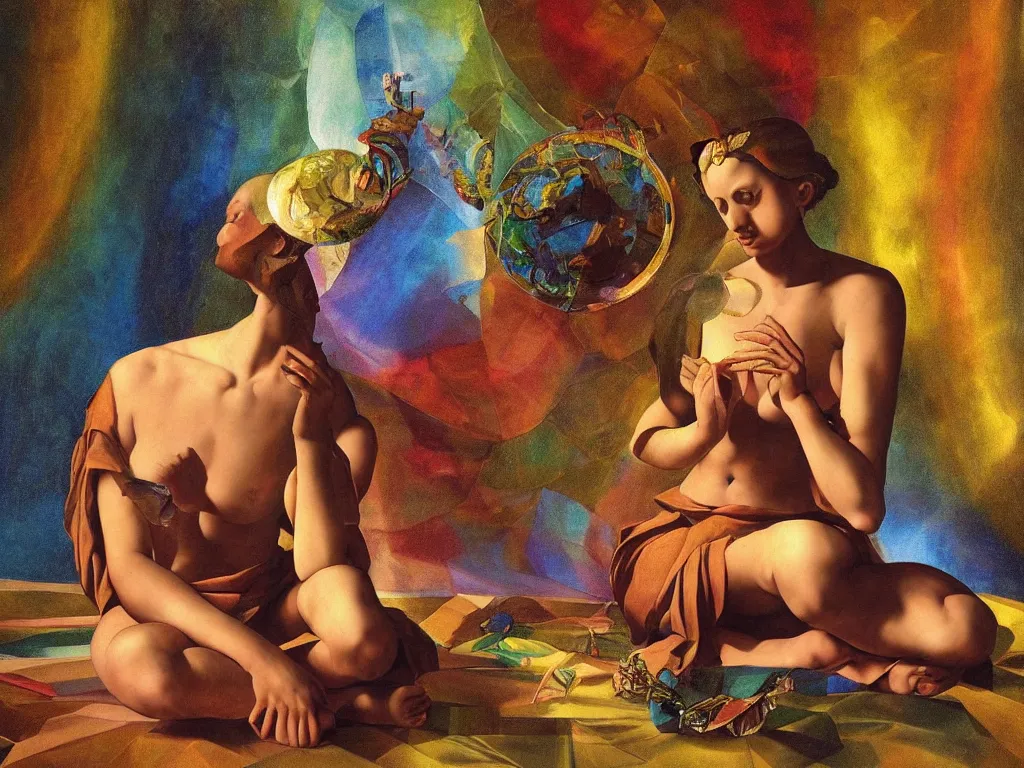 Image similar to hyperrealistic still life painting of a 3d statue sitting down cross legged goddess meditating, wrapped in fabric and gently smiling, nautilus shell surrounded by refracting rainbow prisms in a tesseract, , botanical print, surrealism, vivid colors, serene, golden ratio, sacred geometry, abstract impasto brushtrokes. by Caravaggio