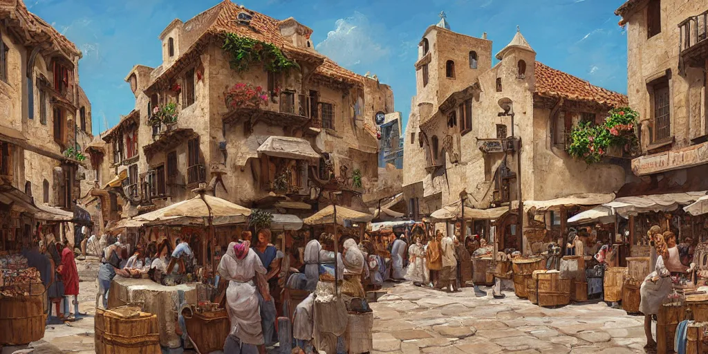 Image similar to a busy medieval Mediterranean street market in the style of Sylvain Sarrailh, Greek islands, old terracotta roofs, narrow streets, stone steps, character design, whitewashed buildings, old port, hanging fabric, bartering merchants, beautiful digital art, cinematic composition, detailed, concept art, Matt painting, oil painting, high res