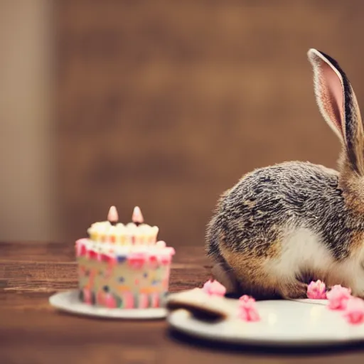 Prompt: photo of baby rabbit eating birthday cake, cinematic, 4 k, highly detailed, strong bokeh