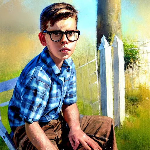 Prompt: painting of a handsome stocky young man with light brown swept back short hair and dark glasses, wearing a blue plaid shirt and khaki shorts, sitting in chair, in front of a decaying white picket fence, by jeremy mann, stylized, detailed, realistic, loose brush strokes