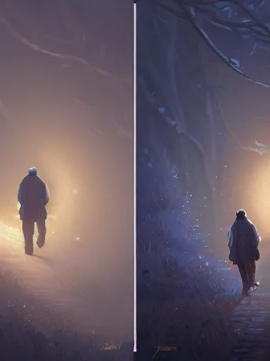 Prompt: a old man, walking in the night under the moonlight. intricate, elegant, highly detailed, digital painting, artstation, concept art, sharp focus, illustration, by justin gerard and artgerm, 8 k