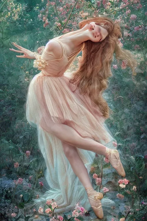 Prompt: stunningly beautiful, prima ballerina in rose garden, symmetrical face, golden hour, smooth, focus, highly detailed, hyper realistic, dramatic lighting, elegant, intricate, concept art, art by wlop, mars ravelo, greg rutowski, artstation