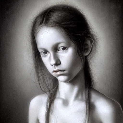 Image similar to hyperrealist portrait photo of a young gynoid by sally mann and alan lee, fantasy, photo realistic, dynamic lighting, artstation, poster, volumetric lighting, very detailed faces, award winning, full face, symmetry