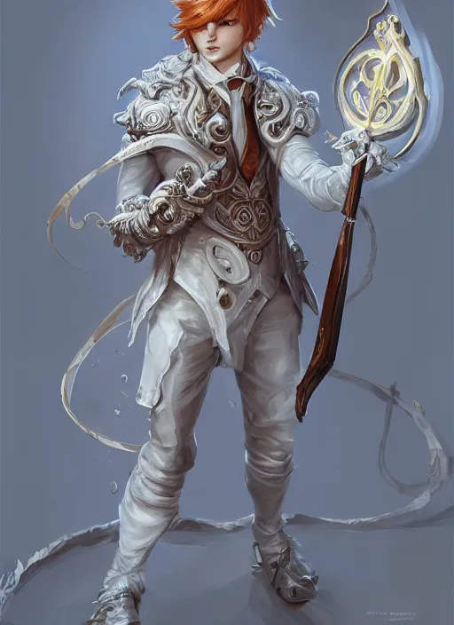Image similar to a highly detailed illustration of short ginger haired man wearing white suit, dramatic holding ornate mechanical cane pose, intricate, elegant, highly detailed, centered, digital painting, artstation, concept art, smooth, sharp focus, league of legends concept art, WLOP