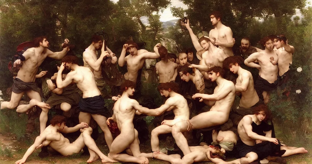 Image similar to large group of pre-Raphaelite muscular athletic male gamers wearing headsets and playing video-games on laptops playstation5 x-box and PC by Bouguereau and raphael