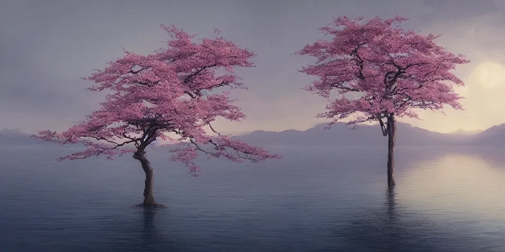 Image similar to a single sakura tree upon a lake, viewed from a distance, stephen bliss, unreal engine, illustration, fantasy art by greg rutkowski, loish, rhads, ferdinand knab, makoto shinkai and lois van baarle, ilya kuvshinov, rossdraws, tom bagshaw, global illumination, radiant light, minimalist, detailed and intricate environment