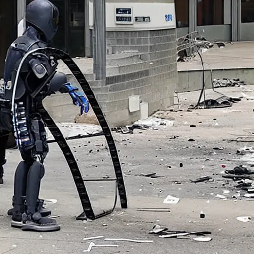 Image similar to Robotic security guard being dismantled by rioters