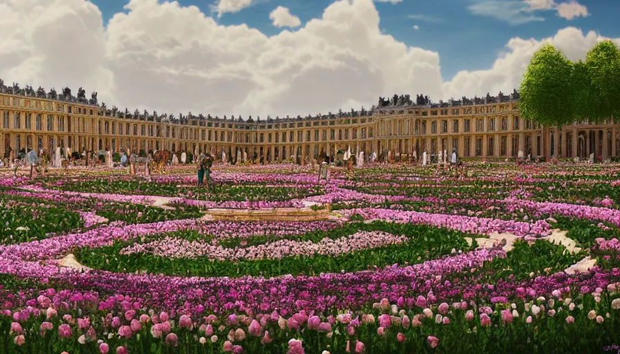 Image similar to palace of versailles covered by flowers, sunny day, crowd, hyperdetailed, artstation, cgsociety, 8 k