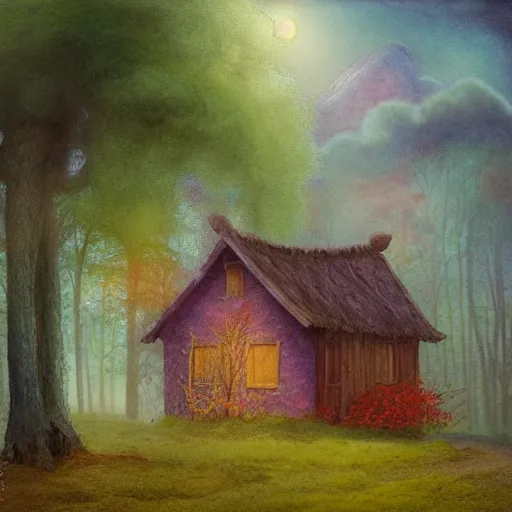 Image similar to small wooden house in the middle of spring forest, bright colours, watercolor, volumetric wool felting, macro photography, children illustration, by christophe vacher