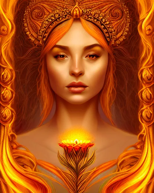 Prompt: portrait of the goddess of golden fire, unusual beauty, flowers and plants, emotionally evoking symbolic metaphors, head in focus, fantasy, ornamental, intricate, elegant, sensual, highly detailed digital painting, artstation, concept art, painterly, golden ratio, sharp focus, illustration