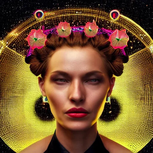 Image similar to hyperrealistic portrait of unknown extraterrestrial interstellar civilization woman in style of ingo swan, in style of retro sci - fi with holographic hexagonal flowers as crown 8 k