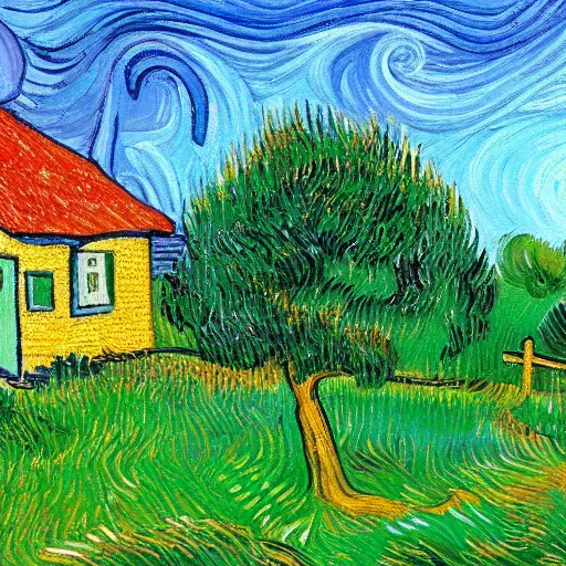 Prompt: A painting of a beautiful cottage, with a lush grass lawn, featuring a tree in the style of Vincent Van Gogh