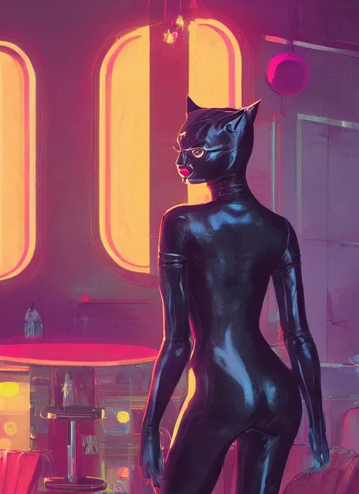 Prompt: catwoman, in a classic 8 0 s diner, atmospheric, intricate, glowing lights, volumetric light, highly detailed, digital painting, illustration, art by atey ghailan