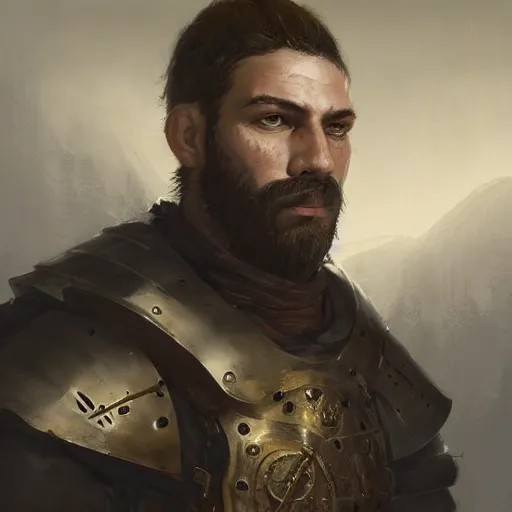Prompt: Closeup of frustrated male medieval lieutenant with a {short} beard wearing a black!!!! and yellow tabard over a steel breastplate and a black gambeson looking up from a map on a table, intricate, dramatic lighting, perfect eyes, illustration by Greg Rutkowski, ArtStation, digital art, fantasy