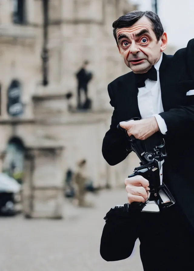 Prompt: close up photo of mr bean as james bond in london, 4 0 mm f / 2. 8, cinematic, cool, anamorphic, dramatic