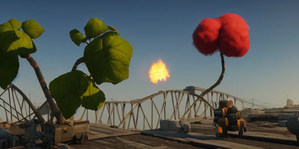 Image similar to explosion in the form of cotton plant on the crimean bridge, team fortress style, 3 d octane remder, epic lighting, 8 k, by goro fujita