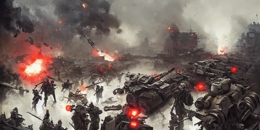 Image similar to french army and civilians are getting slaughtered by samurai robots in the interbellum paris, detailed painting, intense heavy street battle, bullet hell, pile of bodies, artillery bombings, blood on the streets, art by greg rutkowski and jakub rozalski