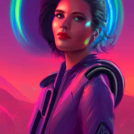 Prompt: a beautiful portrait painting of a 2 4 year old woman retrowave space explorer, synthwave trending on artstation.