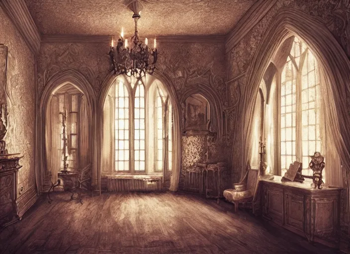 Image similar to a room inside a gothic mansion, ornate, elegant, artwork, paint, soft lighting, complimentary, digital art, realism, artstation