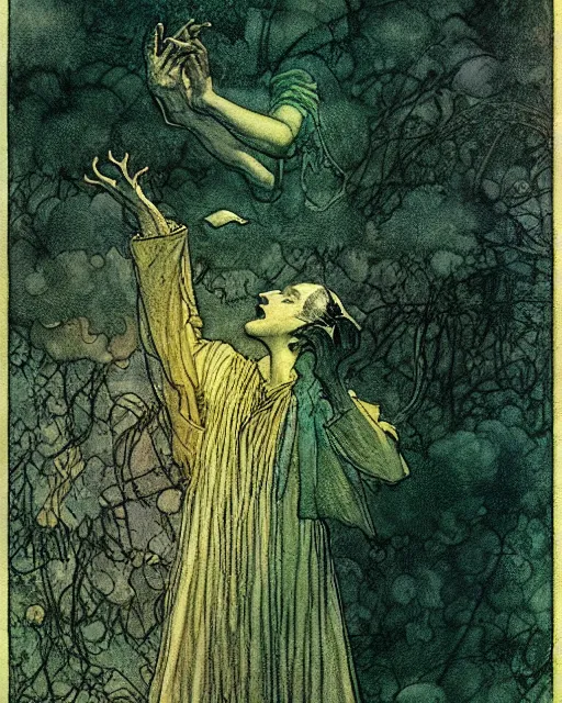 Image similar to a person conjuring!!! an image!!! from of noise!!!, by arthur rackham, maxfield parrish, and larry elmore, kodachrome colors, intricate, chaotic, fantasy realism, hopeful, volumetric lighting