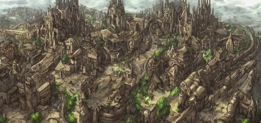 Image similar to huge medieval city, interesting rocky shaped terrain, digital art, full metal alchemist, art by craign mullin