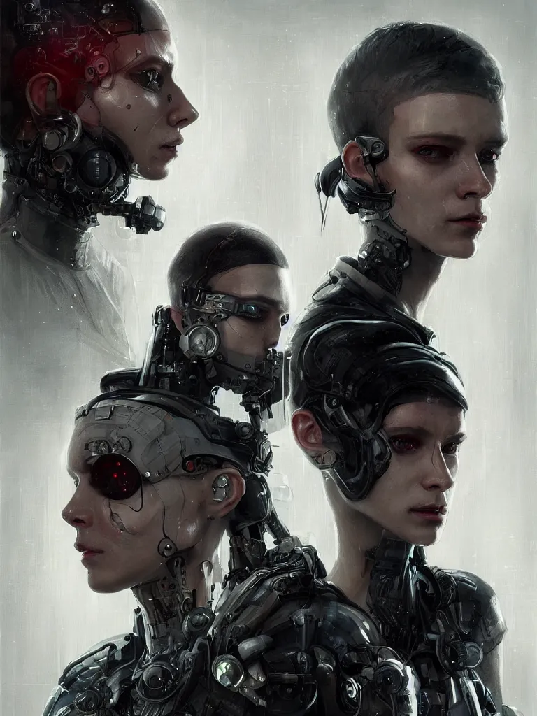 Image similar to a cyberpunk longshot portrait of two gorgeous cyborgs with hard white plastic, in the movie Girl With The Dragon Tattoo, award-winning, masterpiece, in the style of Tom Bagshaw, Cedric Peyravernay, Peter Mohrbacher