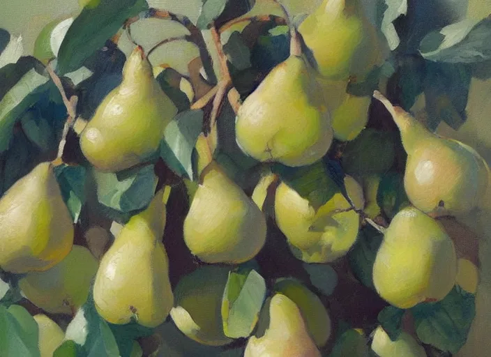Prompt: oil painting of translucent pears on tree by greg manchess