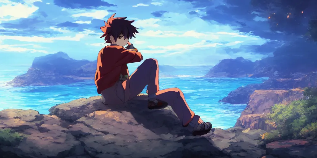 Image similar to isekai masterpiece anime boy sitting on a rock off to the side looking down upon ocean, during dawn, cinematic, very warm colors, intense shadows, anime illustration, anime screenshot composite background