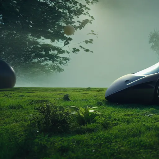 Image similar to a spherical car driving next to a beautiful camp with tyrannosaurus rex and humans dancing, smoky, green hills, many interstellar plants, futuristic concept design, airy landscape, high detail rendering by octane, unreal engine, 8 k, cinematic grade.