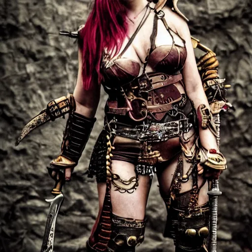 Image similar to photo of a female steampunk barbarian warrior