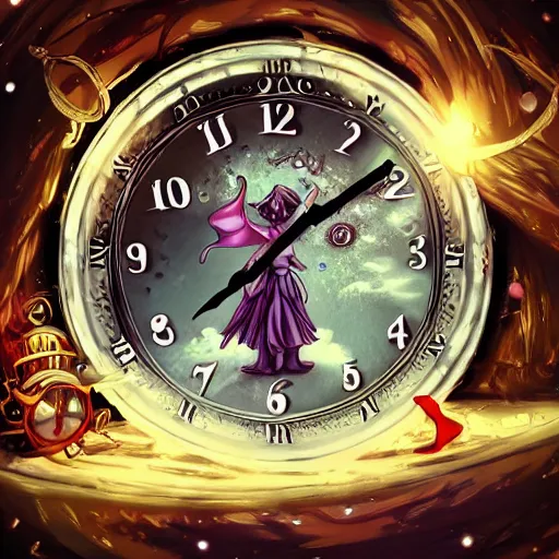 Prompt: Alice in Wonderland,Clock,Rose twining,out of time and space,dreamy, eternity, romantic,highly detailed, anime style, pixiv